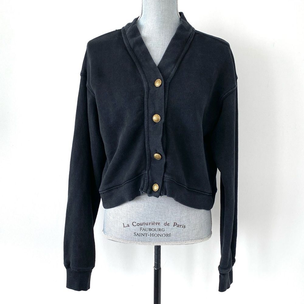 Free People Black Cardigan Sz M Gold Tone Buttons Academia Casual Boho Preppy